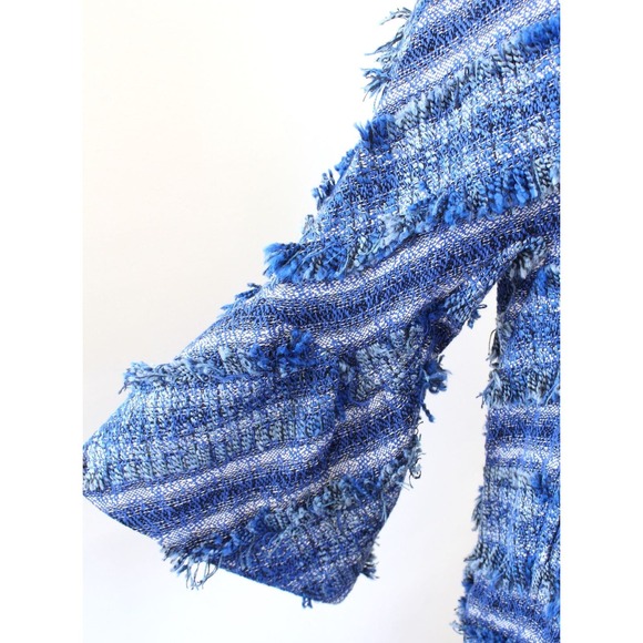 NWT J McLaughlin Linden Blue Striped Tweed Fringe Bell Sleeve Jacket Size L - Picture 4 of 10